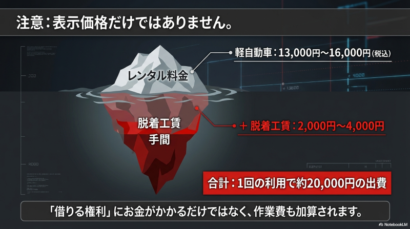 表示価格以外にかかる脱着工賃を含めたスタッドレスレンタルの合計費用シミュレーション