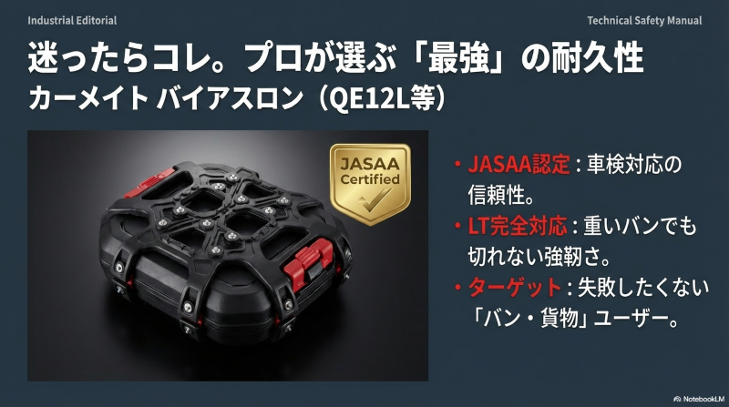 JASAA認定マークが付いたカーメイト製非金属タイヤチェーン「バイアスロン」のハードケース外観。LTタイヤ完全対応の強靭さを象徴する製品画像