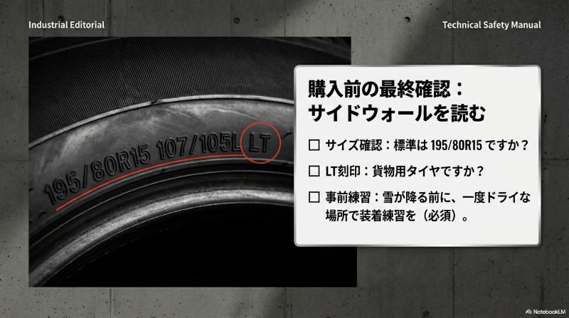 ハイエースのタイヤサイドウォールの拡大写真。「195/80R15 107/105L LT」の刻印部分が赤丸で強調されており、購入前に確認すべきサイズと貨物用規格（LT）の位置を示している。