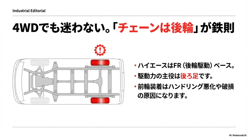 トヨタハイエースのシャーシ構造図。エンジン縦置きのFRベースレイアウトであり、駆動力が強い後輪（リアタイヤ）にチェーンを装着すべきであることを赤色で強調した図解。