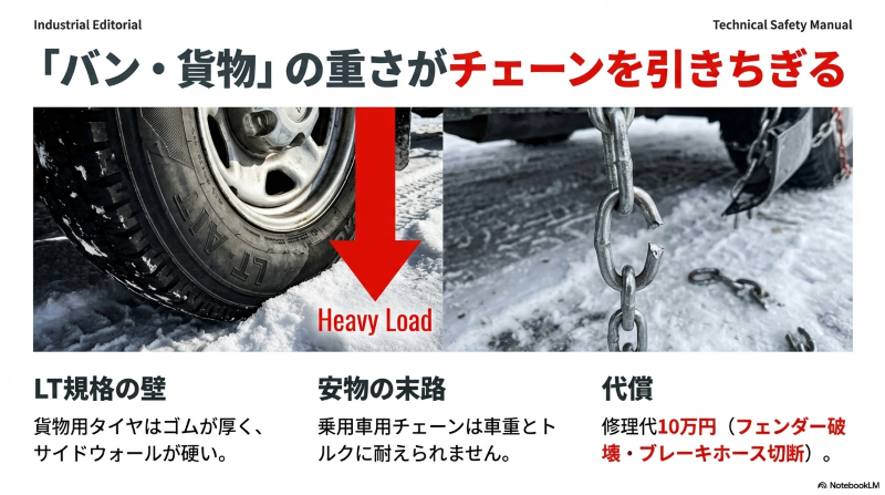 貨物積載時のハイエースの重み（Heavy Load）により、強度の足りない乗用車用タイヤチェーンが引きちぎれる様子を描いた比較イメージ図