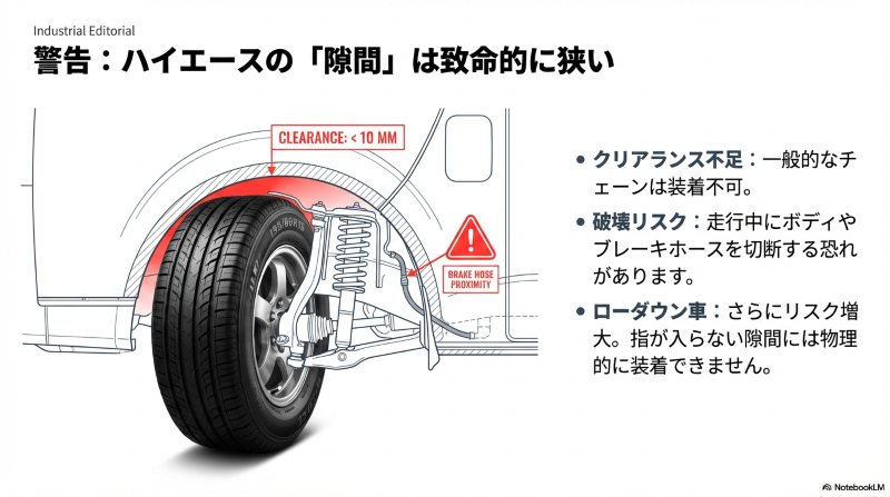 ハイエースのタイヤハウス内の図解。タイヤと車体の隙間（クリアランス）が10mm以下であり、一般的なチェーン装着時にブレーキホースを切断するリスクがあることを示す警告画像。