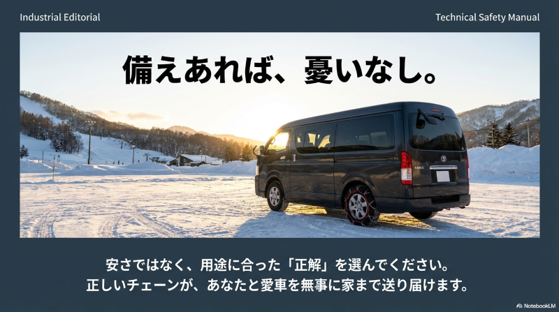 雪山を背景に停車するトヨタハイエース。適切なタイヤチェーンを準備し、安全に冬のドライブを楽しむための「備えあれば憂いなし」というメッセージが込められたイメージ画像。