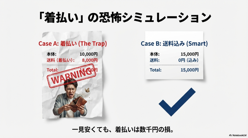 メルカリのタイヤ購入における着払いと送料込みの支払い総額比較レシート