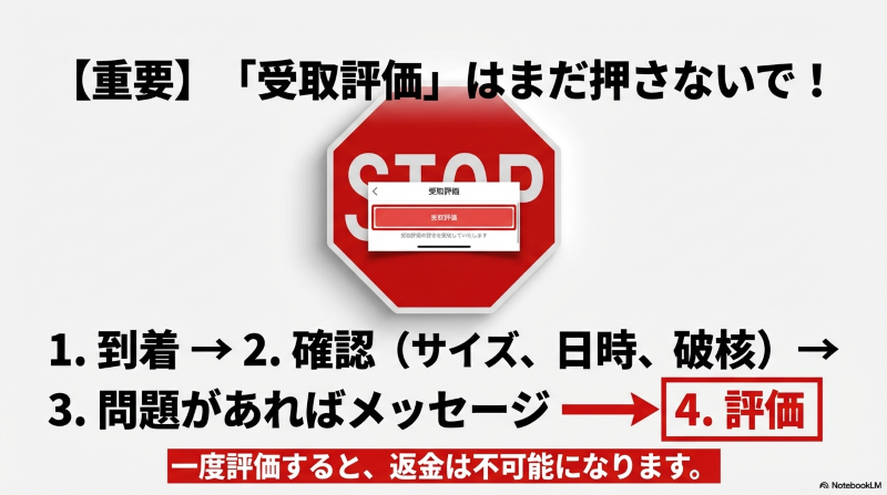 メルカリで受取評価をする前に必ず商品確認を行う手順と返金不可の注意喚起