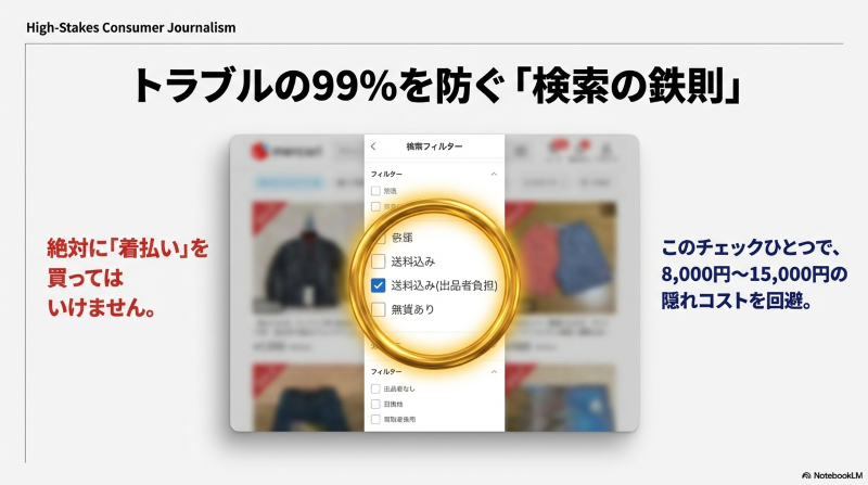 メルカリの検索フィルターで「送料込み(出品者負担)」を選択する手順画面