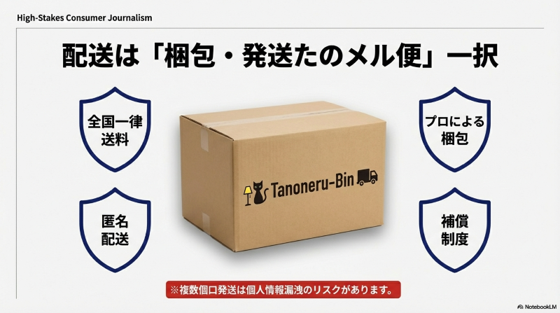 メルカリの梱包・発送たのメル便のロゴと配送ダンボールのイメージ