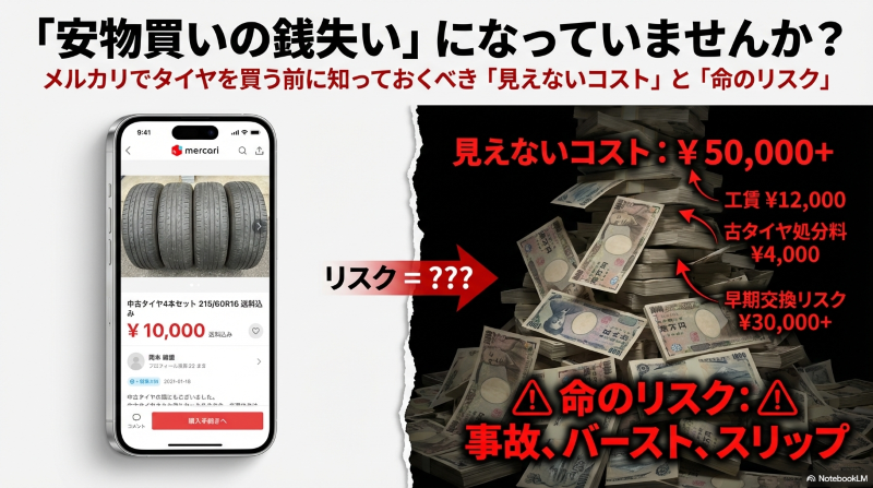 メルカリでのタイヤ購入画面と見えないコスト・命のリスクを示すイメージ図