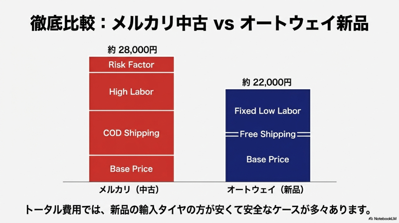 メルカリの中古タイヤ総額とオートウェイの新品タイヤ総額を比較したグラフ