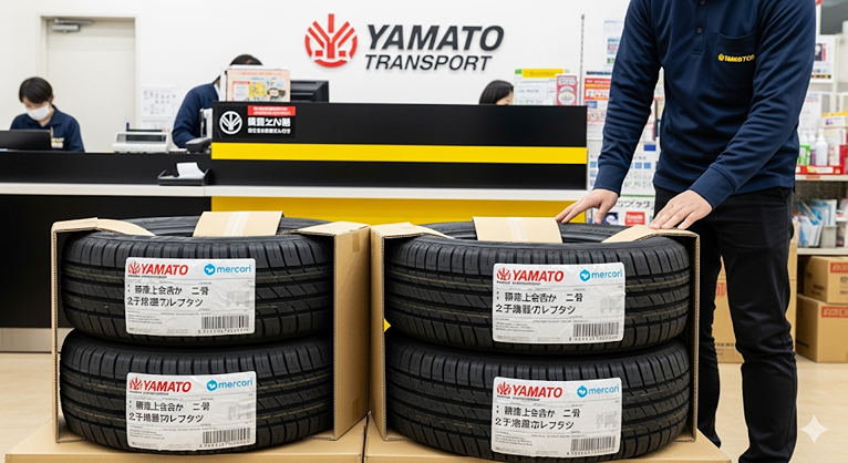 ②メルカリ便でタイヤを発送する商品 梱包・発送たのメル便で タイヤ複数本セットの取り扱いを開始