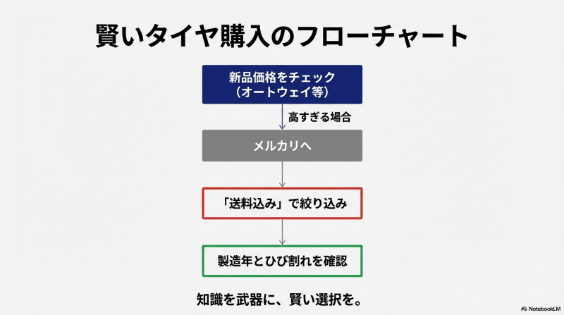 新品価格の確認からメルカリでの検索・状態確認までの賢いタイヤ購入フローチャート