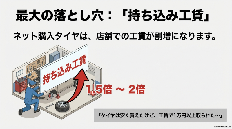 ネット購入タイヤの持ち込み工賃が店舗通常価格の1.5倍から2倍になるイメージ