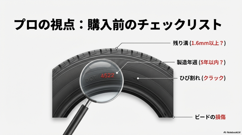 中古タイヤ購入前に確認すべき製造年週や残り溝などのチェックポイント一覧