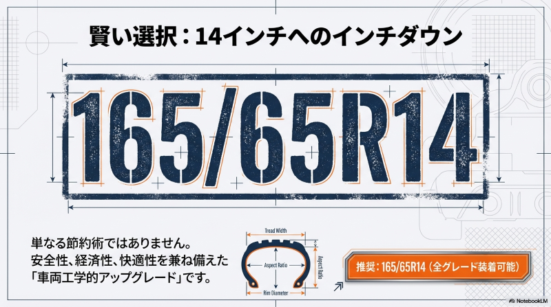 推奨サイズ165/65R14のタイヤ幅・偏平率・リム径を示したスペック図解