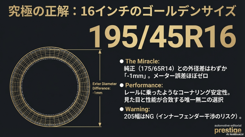 16インチ(195/45R16)と純正タイヤの外径比較・誤差わずか-1mmで車検対応のゴールデンサイズ図解