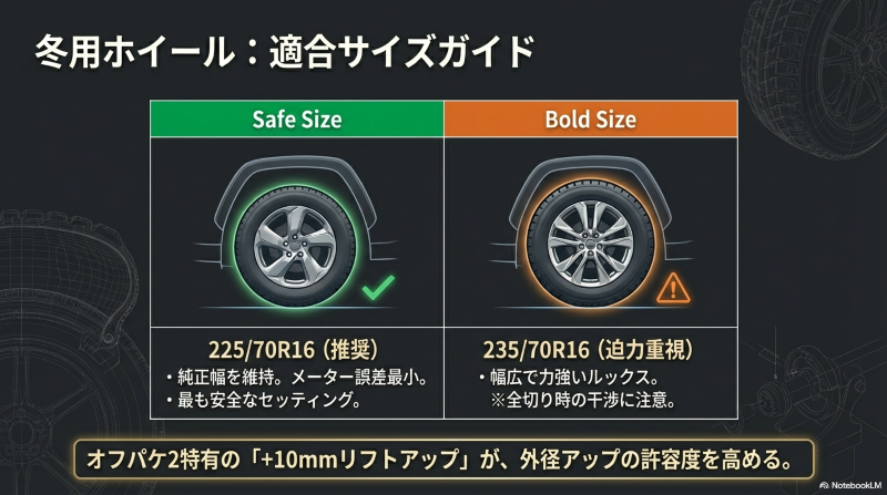 RAV4オフパケ2に適合する225/70R16と235/70R16の特徴をまとめたサイズガイド表