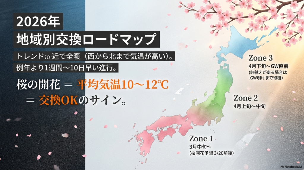 2026年の暖春トレンドに基づいた日本地図。Zone1からZone3までの地域ごとの交換目安時期と桜の開花予想の関係を示した図。