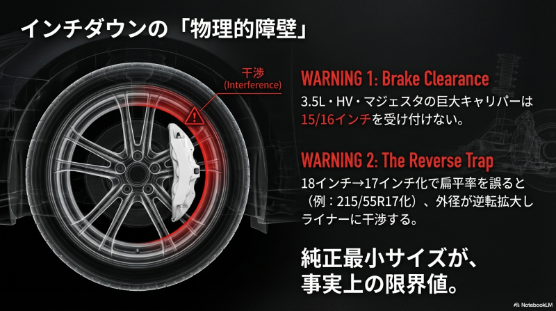 210系クラウンのインチダウン時に発生するブレーキキャリパーへの物理的干渉リスクと、扁平率を誤ることで外径が逆転拡大するトラップ