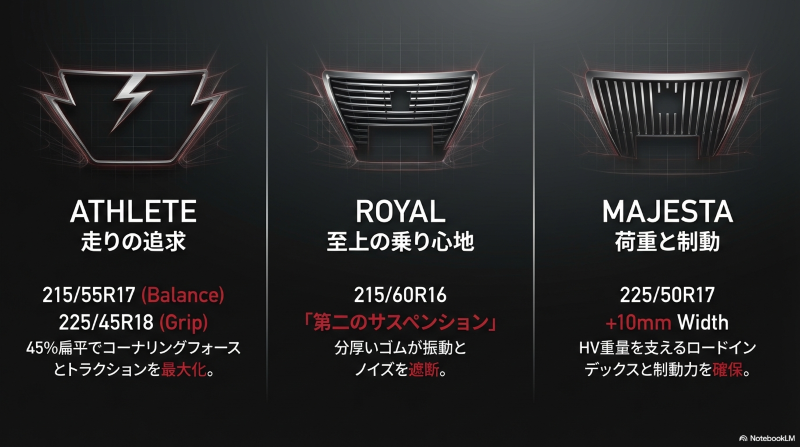 210系クラウンのアスリート(17・18インチ)、ロイヤル(16インチ)、マジェスタ(17インチ)における純正タイヤサイズの違いと特徴
