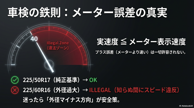 210系クラウンのタイヤサイズ変更時に守るべき車検基準と、実速度がメーター表示速度を上回るプラス誤差(違法ゾーン)の解説