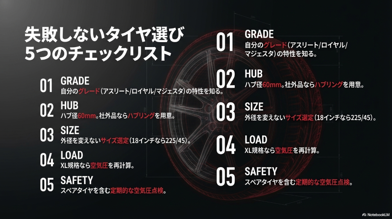 210系クラウンのタイヤサイズ選びやインチアップで確認すべき5つの項目(グレード、ハブ径、サイズ、ロードインデックス、安全性)