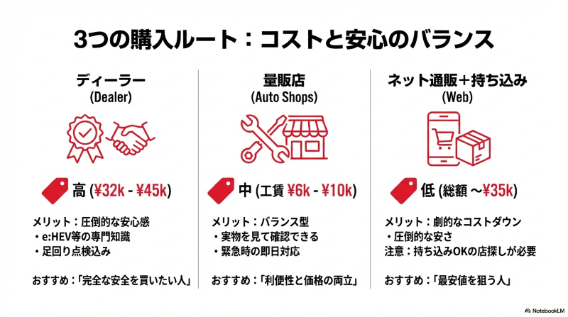 ディーラー、量販店、ネット通販持ち込みの3つのタイヤ購入ルートにおける、コストと安心感のメリット比較