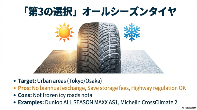 夏のドライ路面と冬の雪道に対応できるオールシーズンタイヤのメリットとデメリットの解説