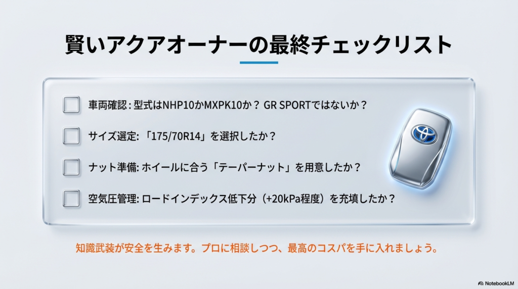 型式、サイズ、ナット、空気圧を最終確認するためのアクアオーナー向けチェックリスト