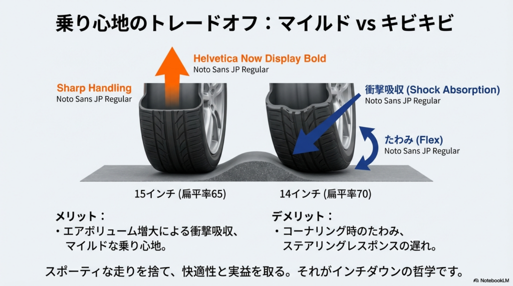 15インチと14インチタイヤにおける、エアボリューム増大による衝撃吸収性とコーナリング時のたわみの比較図