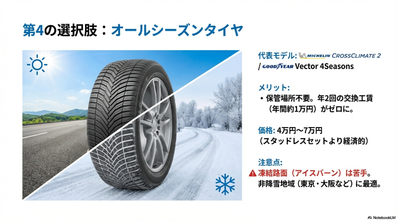 夏の乾いた路面と冬の雪道を半分ずつ合成し、1本で1年中走れるオールシーズンタイヤのイメージ画像