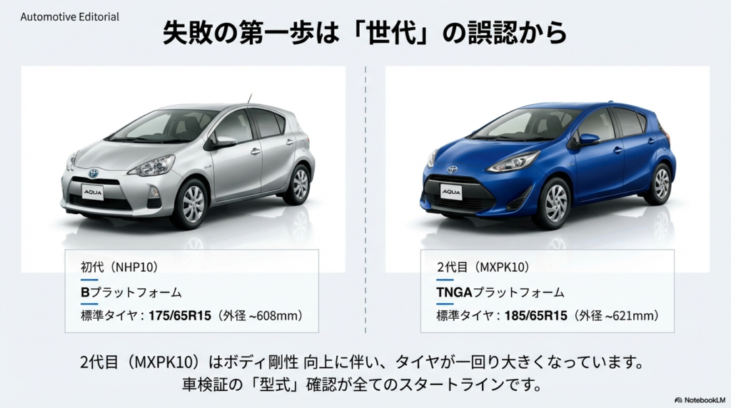 初代アクア（NHP10）と2代目アクア（MXPK10）の外観と、それぞれの標準タイヤサイズの違い
