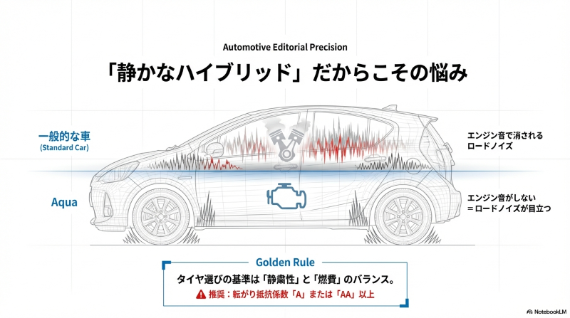 エンジン音がしないアクアのようなハイブリッド車は、一般的な車に比べてロードノイズが目立ちやすいことを示す図
