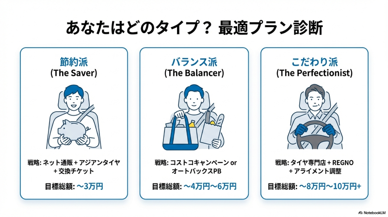 節約派、バランス派、こだわり派の3つのユーザータイプに合わせた最適なタイヤ購入戦略と目標総額