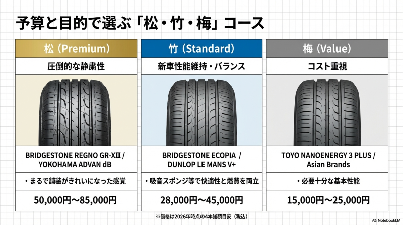 プレミアム、スタンダード、バリューの3つのグレードに分けたタイヤの価格相場と特徴の比較