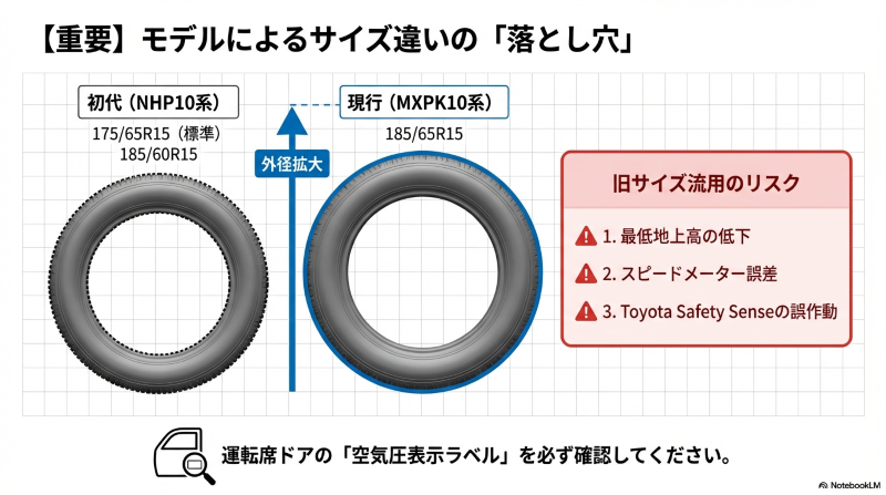 初代アクアと現行アクアのタイヤサイズと外径の違い、および旧サイズを流用した際の最低地上高の低下やメーター誤差などのリスクを図解