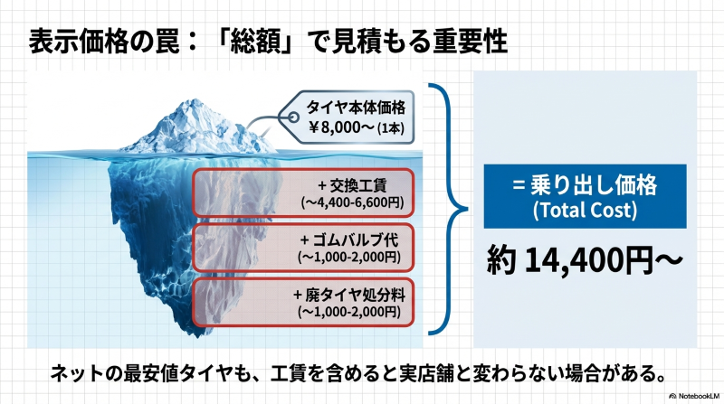 見えているタイヤ本体価格の下に、交換工賃、ゴムバルブ代、廃タイヤ処分料などの隠れた費用が存在することを示す氷山の図解