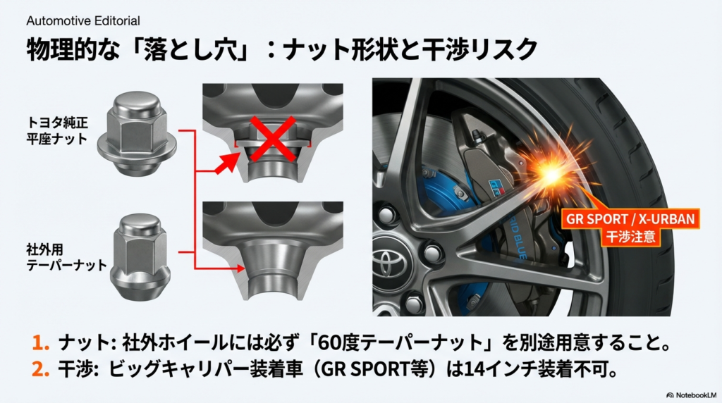 トヨタ純正平座ナットと社外テーパーナットの違い、およびGR SPORT等でのブレーキキャリパー干渉リスク
