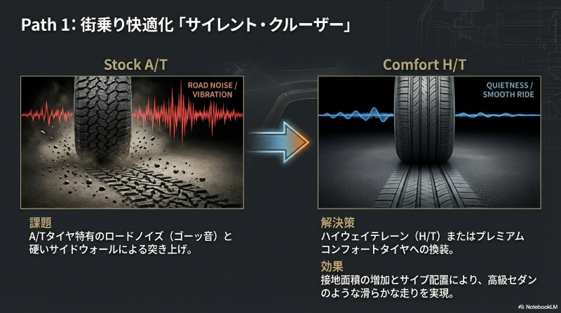 A/Tタイヤ特有のロードノイズと、H/Tタイヤの静粛性・滑らかな乗り心地を波形で比較したイメージ図