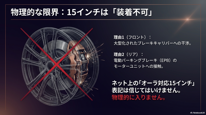 ノートオーラに15インチホイールが装着できないブレーキ干渉とEPB接触の図解