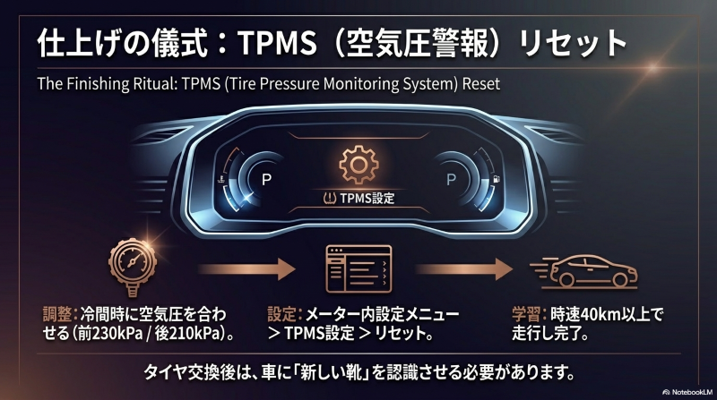 日産ノートオーラのTPMS（タイヤ空気圧警報システム）設定画面とリセット方法の図解