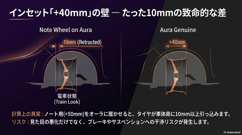 ノートオーラに通常のノート用ホイールを装着した際のインセット差とリスクを示す断面図