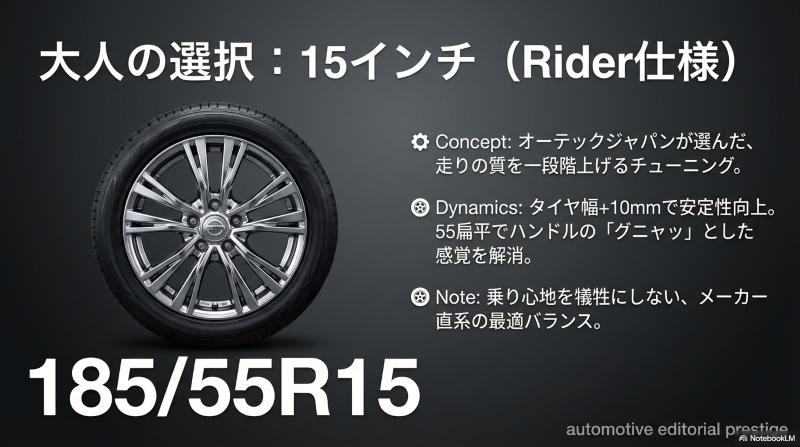 オーテックライダー仕様15インチ(185/55R15)のタイヤ幅と扁平率がもたらす走行安定性と快適性のバランス