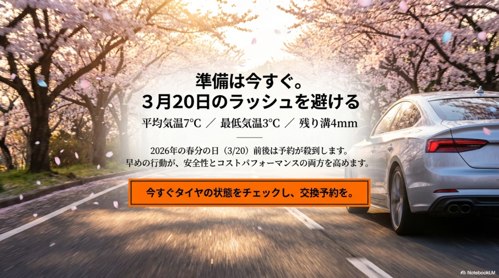 2026年3月20日の春分の日前後は予約が殺到するため、早めの行動を促す注意喚起スライド。平均気温7℃・最低気温3℃・残り溝4mmのチェックポイントも記載。