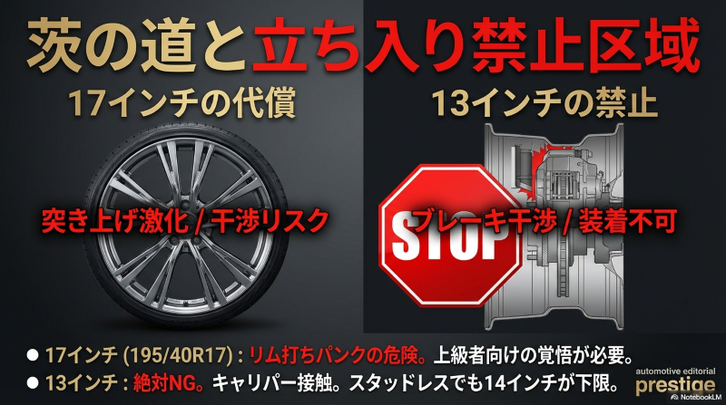 インチホイール装着時のブレーキキャリパー干渉図と17インチ低扁平タイヤの突き上げリスク