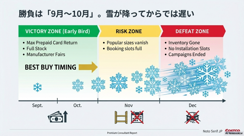 9月・10月の早期予約(Victory Zone)と12月の在庫切れリスク(Defeat Zone)を示した購入タイミングチャート