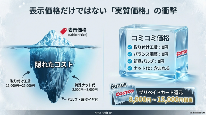 取り付け工賃、バランス調整、ナット代などが無料になるコストコの実質価格と他店の隠れたコストの比較