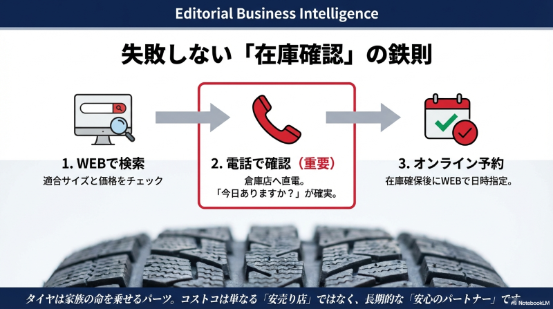 失敗しないコストコタイヤの在庫確認とオンライン予約の3ステップ手順。WEB検索・電話確認・予約の流れ