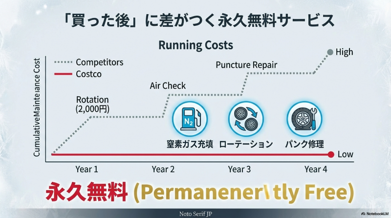 窒素ガス充填、ローテーション、パンク修理が永久無料になることによる4年間のメンテナンスコスト削減効果のグラフ