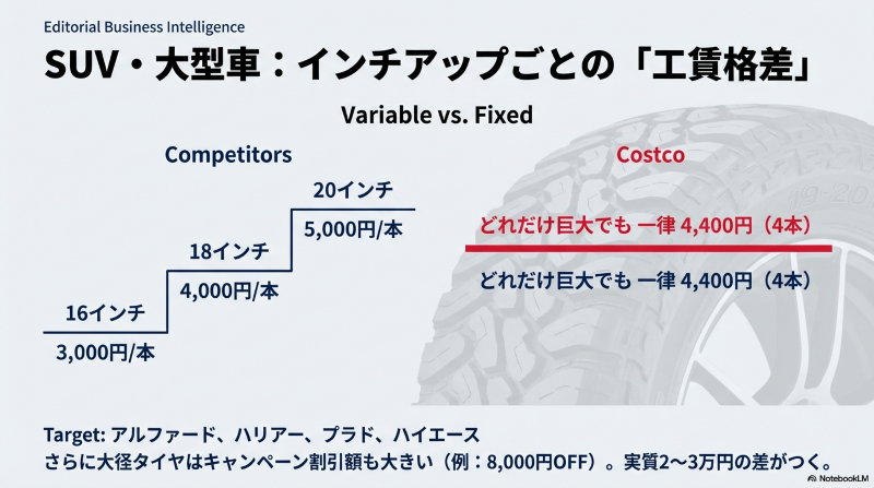 SUV・大型車のインチ別工賃格差。コストコの一律4400円工賃と他店の変動相場比較
