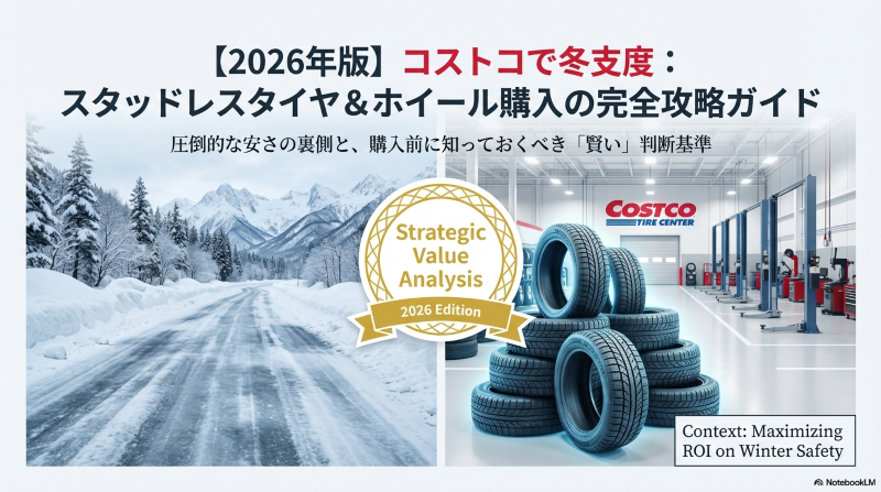 雪道を背景にした2026年版コストコタイヤセンターのスタッドレスタイヤ戦略的価値分析の表紙画像